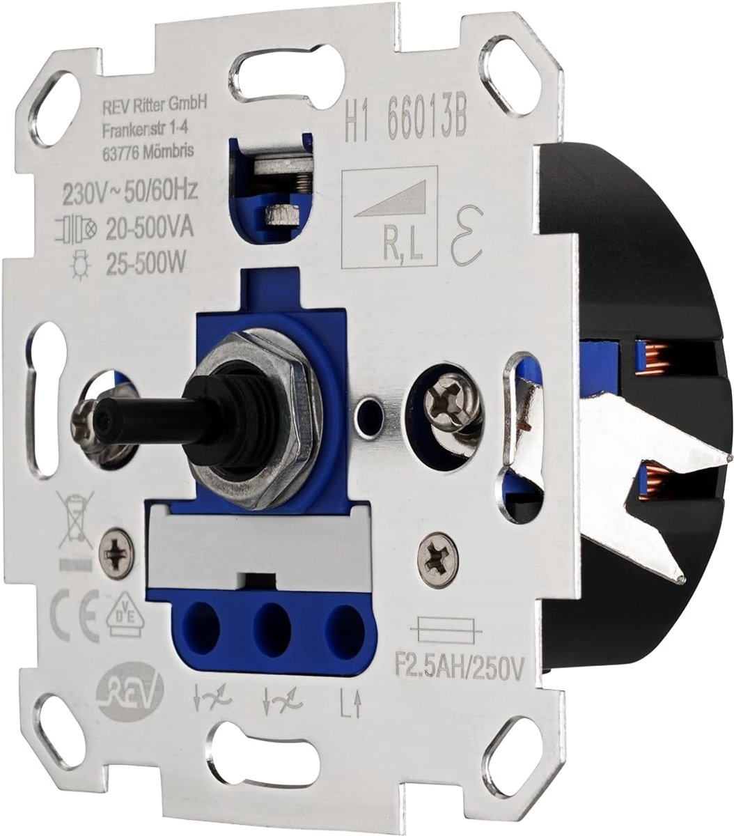 SnelShoppen - REV Technik Dimmer - Helderheidscontroller 25-500W, 230VAC, Geschikt voor Dimbare Lampen, Zilver, Ideaal voor Woonkamer, Keuken, Slaapka