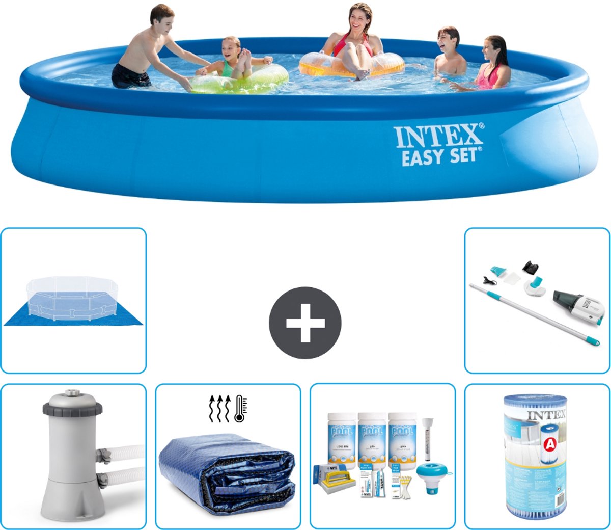 Intex Rond Opblaasbaar Easy Set Zwembad - 457 x 84 cm - Blauw - Inclusief Pomp - Solarzeil - Onderhoudspakket - Filter - Grondzeil - Stofzuiger - 7-delig
