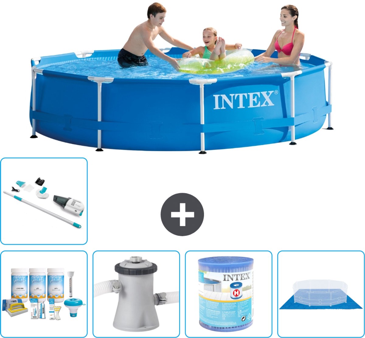 Intex Rond Frame Zwembad - 305 x 76 cm - Blauw - Inclusief Onderhoudspakket - Zwembadfilterpomp - Filter - Grondzeil - Stofzuiger - 6-delig