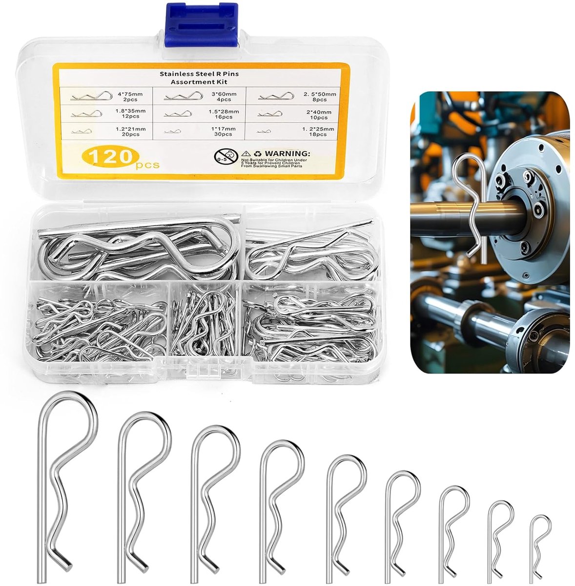 SnelShoppen - 120 Stuks R Clips Set - Assortiment Cotter Pins - R Clips van Roestvrij Staal - Veiligheid Spijkers voor Auto Mechanica en Motorhomes -