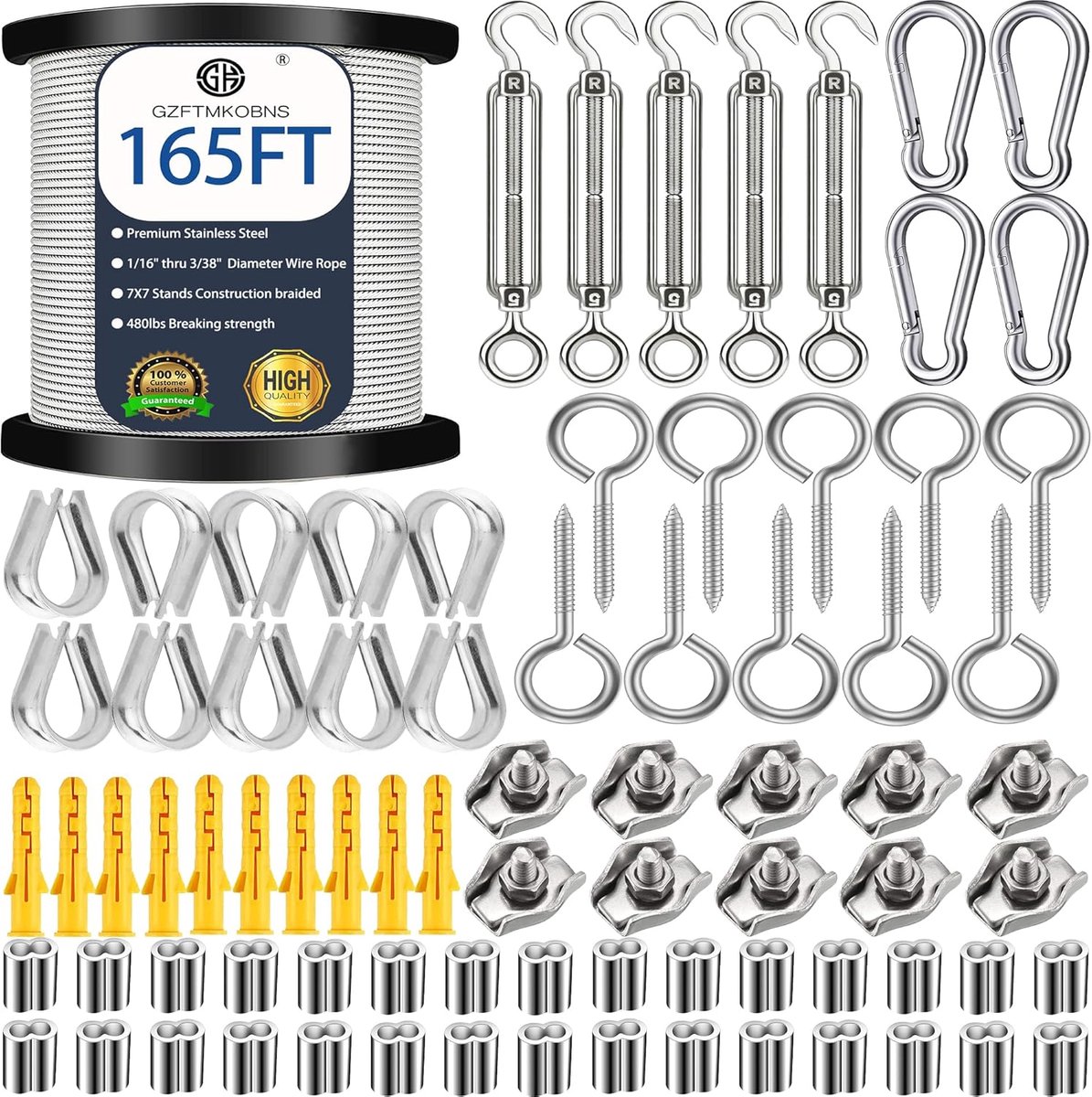 SnelShoppen - 95pcs Tuindraad/Pictuurdraad/Wire Fence Roll Kit - Nylon Coated Heavy Duty 304 RVS Kabel Touw met Lag Schroefogen, Turnbuckle, Spanner H