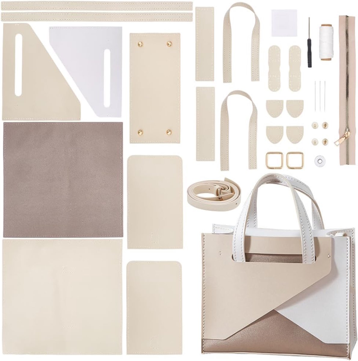 SnelShoppen - DIY Handgemaakte Tote Bag Kit - Faux Leer Handtas, Schoudertas Maken, Persoonlijk, Creatief Knutselpakket met Alle Accessoires, 25x12x20