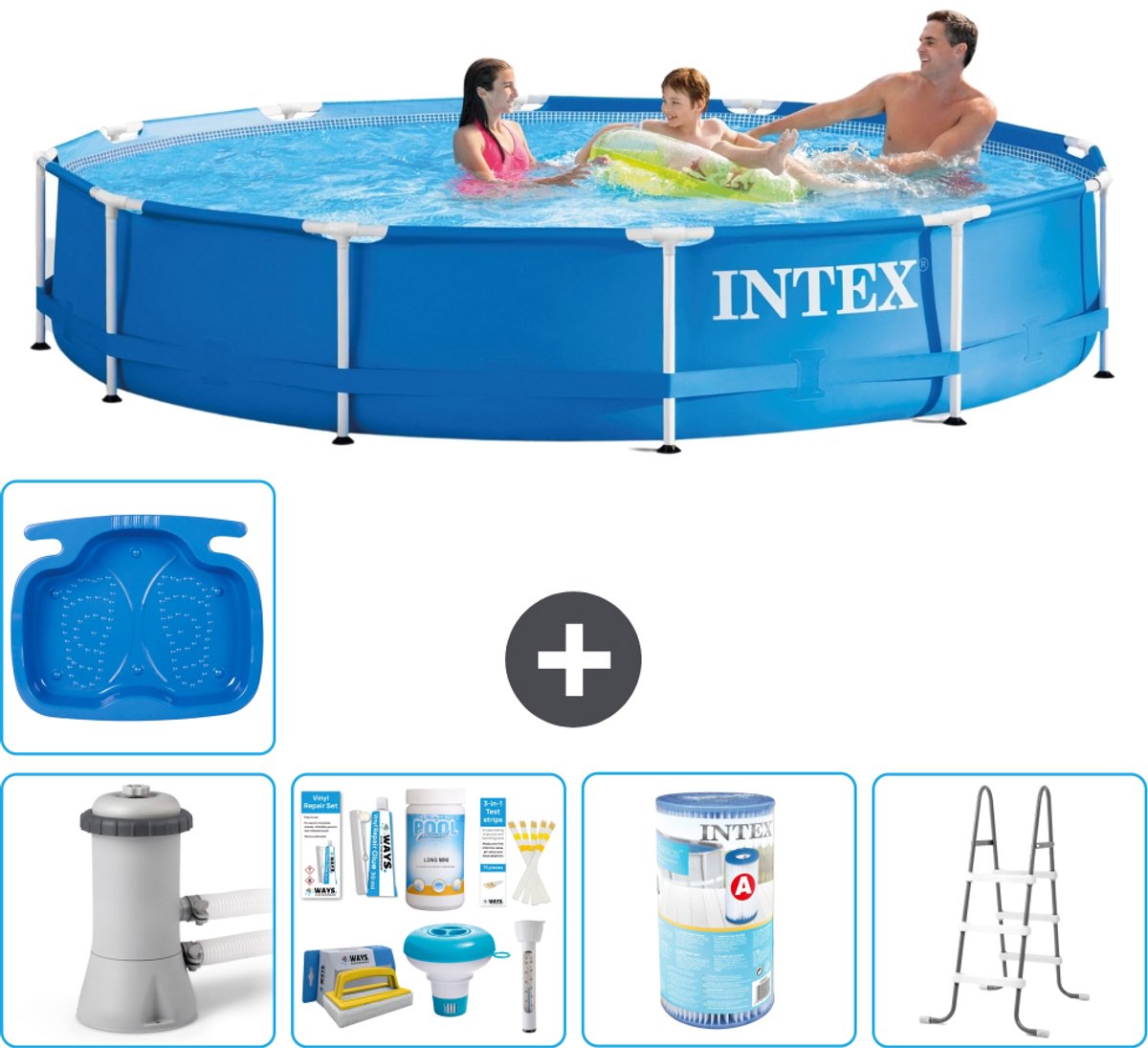 Intex Rond Frame Zwembad - 366 x 76 cm - Blauw - Inclusief Pomp - Onderhoudspakket - Filter - Ladder - Voetenbad - 6-delig