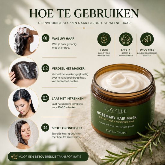 Stappenplan voor haarmasker: haar wassen, masker verdelen, laten intrekken, uitspoelen. Bruine pot Covelle Rozemarijn Haarmasker.