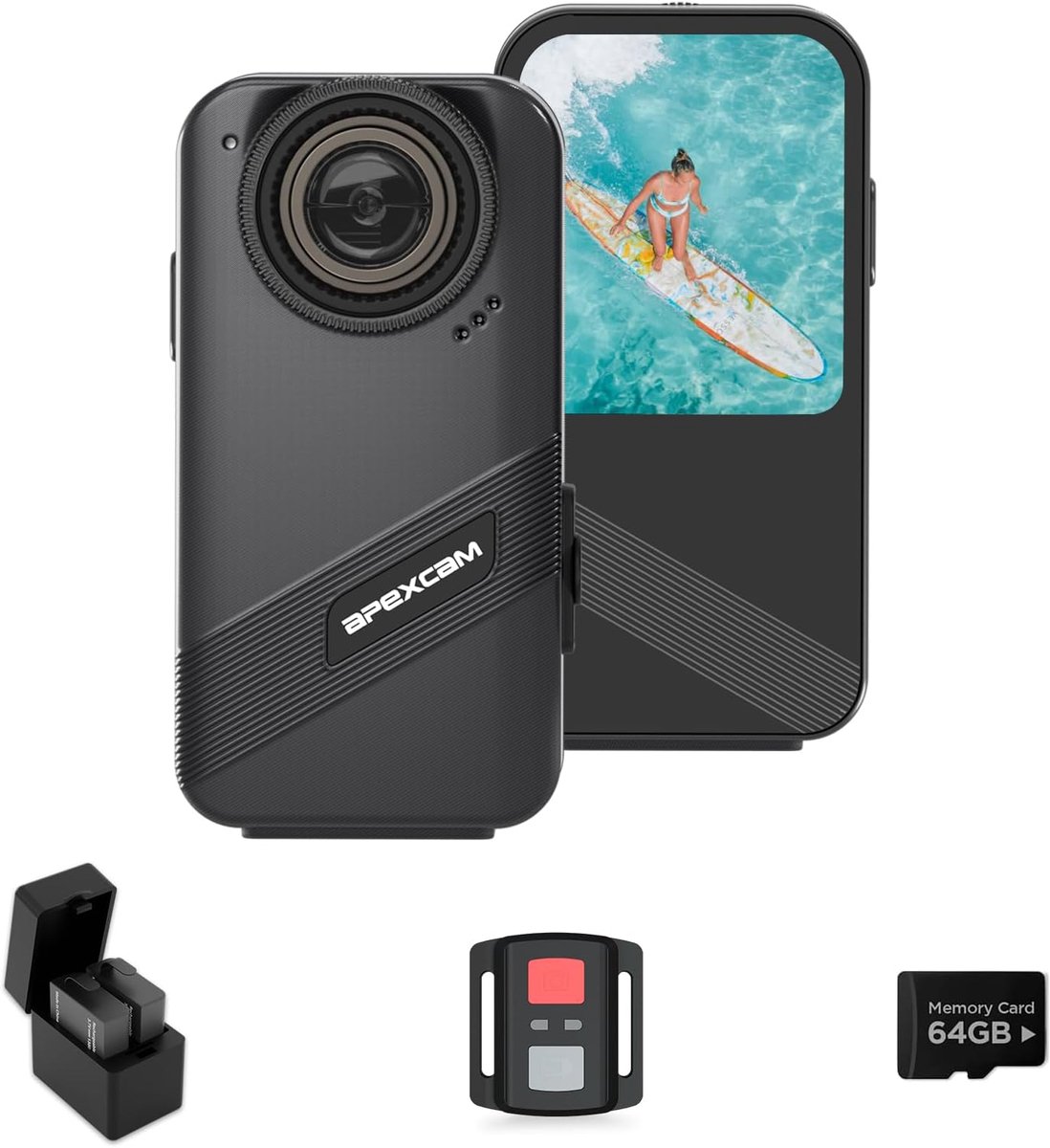 SnelShoppen - 4K60FPS Action Cam met 48MP, 8X Zoom, EIS, 20m Waterproof, Touch Screen, WiFi, 64GB Kaart, 2x1350mAh Batterijen en 2.4G Afstandsbedienin