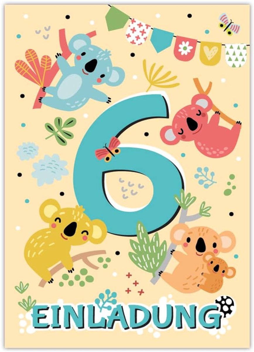 SnelShoppen - 12 Uitnodigingskaarten voor Kinderfeestje - 6e Verjaardag - Koala Design - Geschikt voor Jongens en Meisjes - 10,5 x 14,8 cm - Gemaakt i