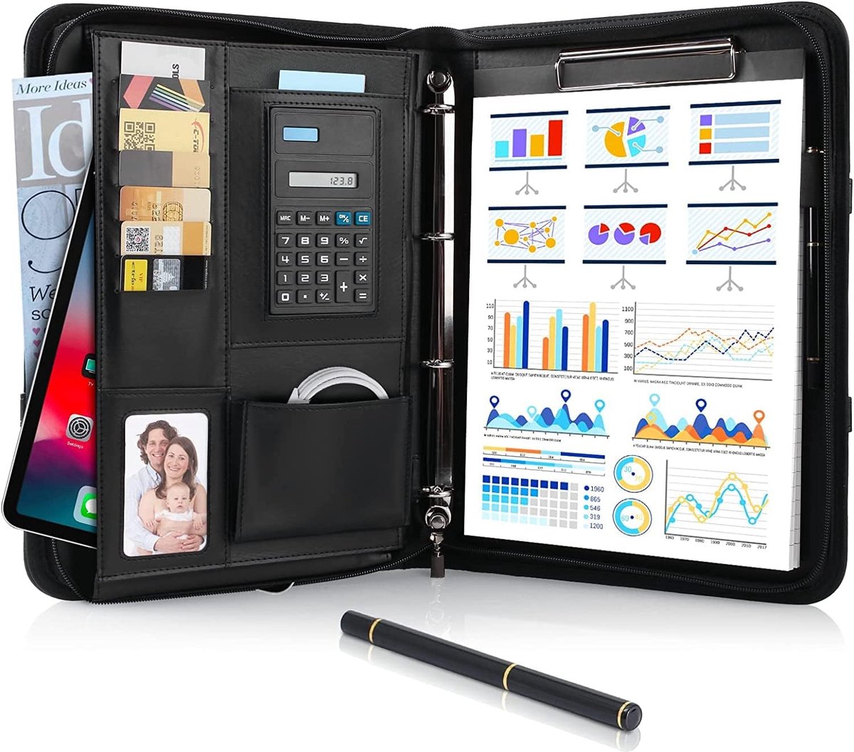 SnelShoppen - A4 Schrijffolder, Lederen Conferentiemap met Ritssluiting, Waterdichte Documentfolder met Ringband, Clipboard, Notepad, Portfolio voor Z