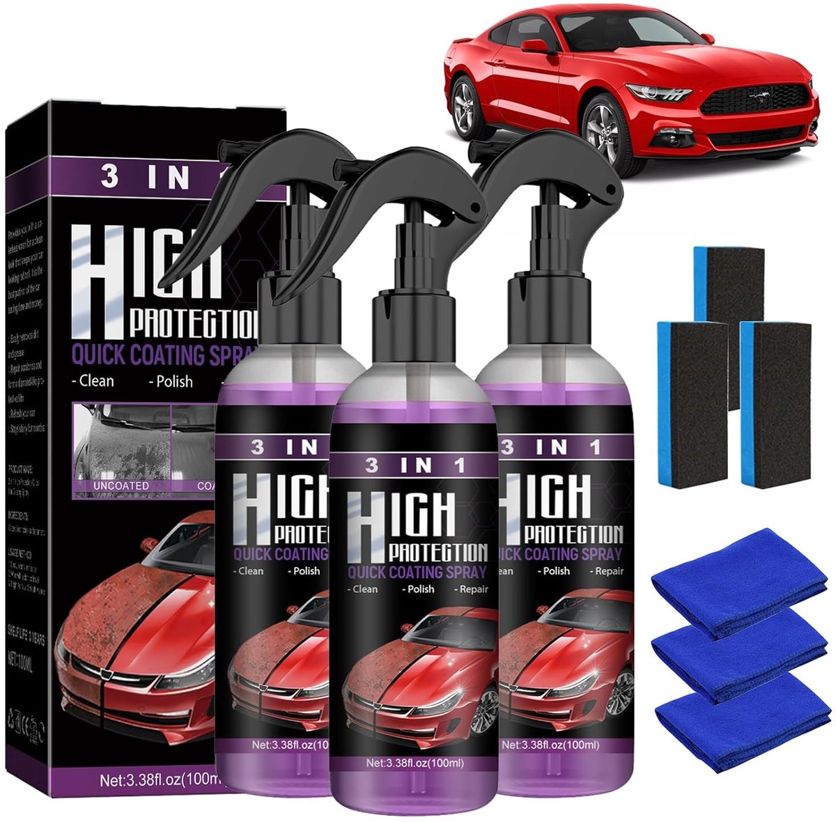 SnelShoppen - High Protection 3-in-1 Spray Auto Polijstmiddel Nano Coating Spray voor Auto's en Motoren (Pack van 3) - Krassen Bescherming, Hydrofobe