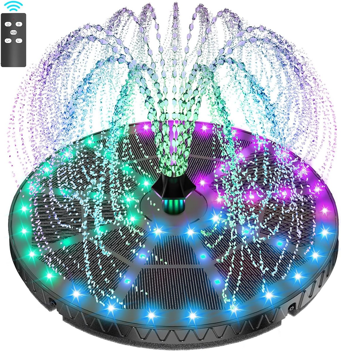 Thijox - Solar Springbrunnen met Afstandsbediening 2026 Upgrade, 6W, 54 LED Verlichting, Zonne-energie Vijverpomp, 8 Effecten, 4000mAh Accu, Drijvende