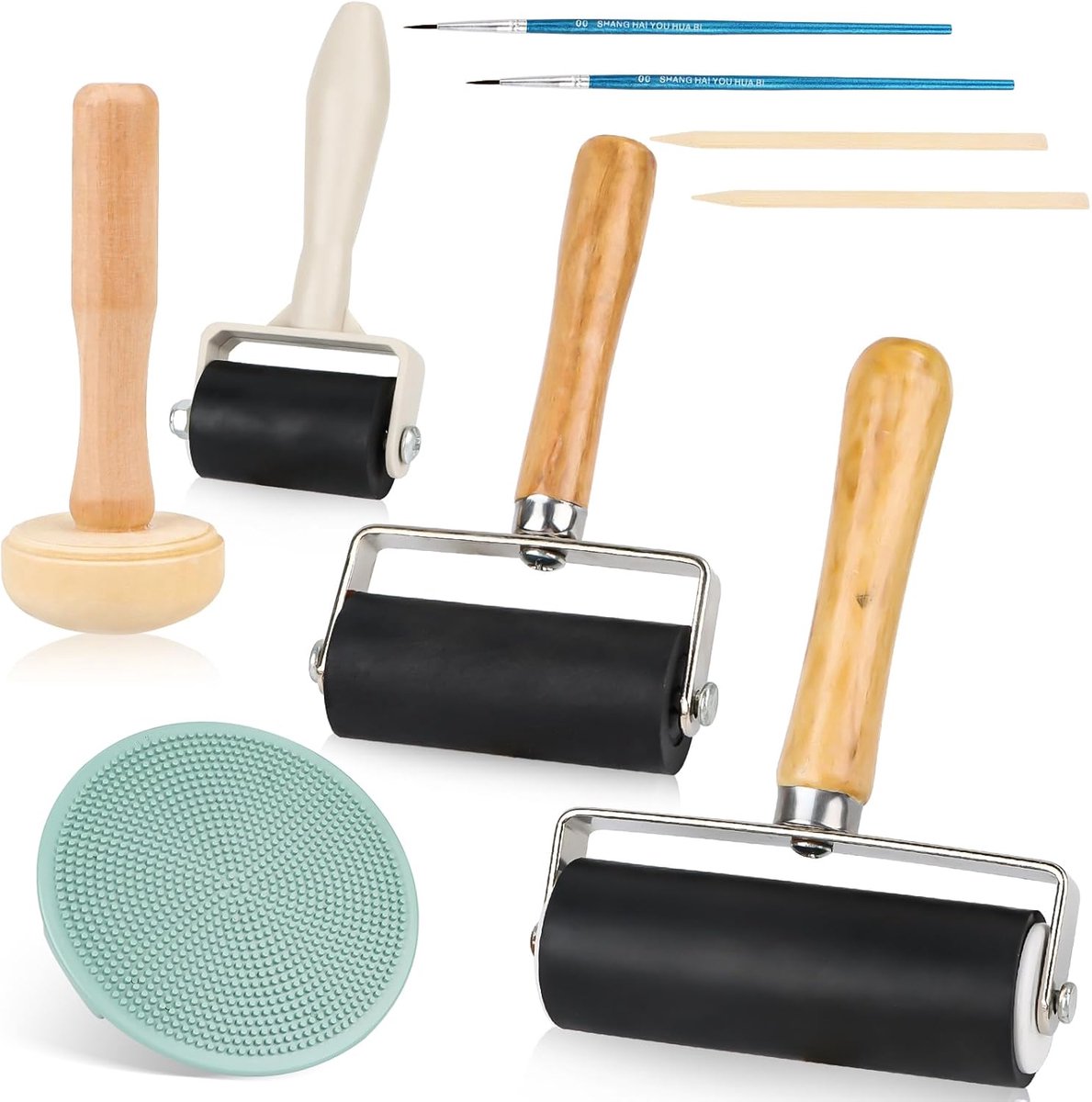 SnelShoppen - 3-delige Rubber Brayer Roller Set - Kunst en Ambacht Rollers met 1 Paddenstoelroller en 1 Graveerroller voor Stempelen, Printen, Inkt, B
