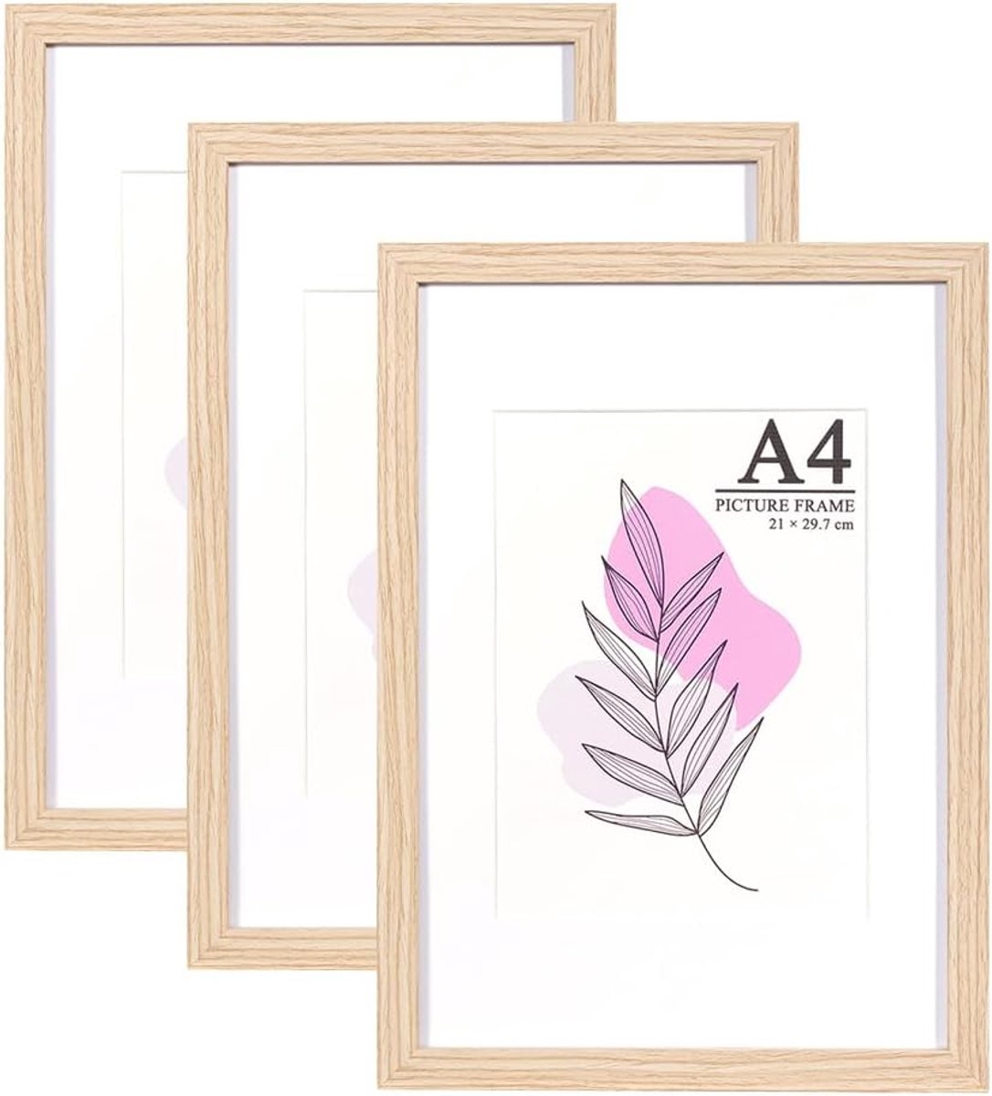 SnelShoppen - A4 Eiken Houten Fotolijsten Set van 3, Vrijstaande en Wandmontage, Schilderijlijsten met Acrylglas voor Foto's, Posters, Certificaten en