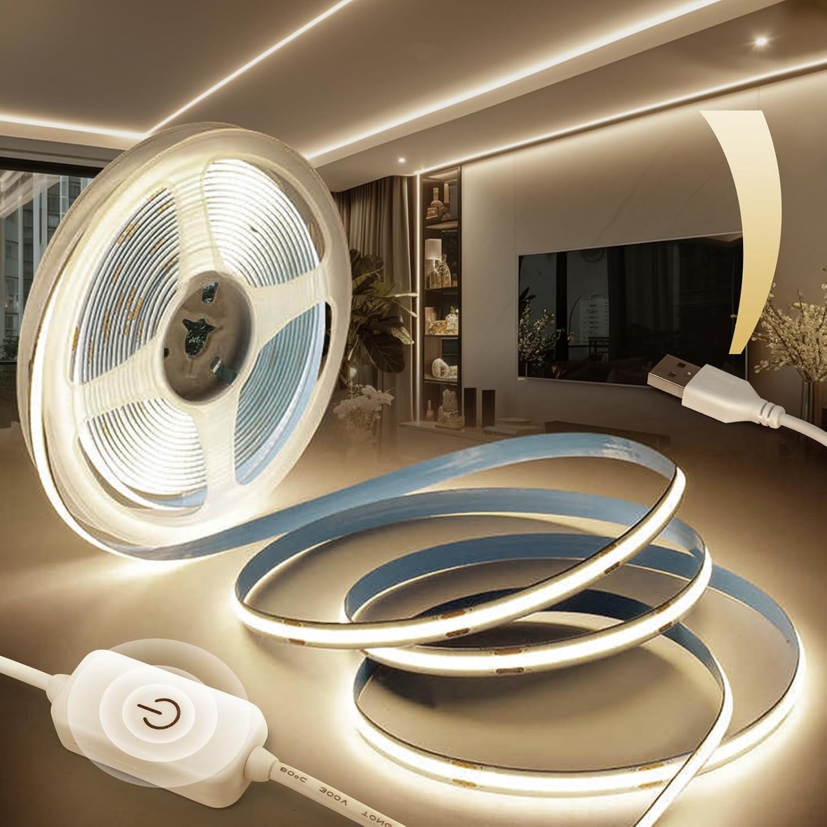 SnelShoppen - USB 5V Dimbare COB LED Strips 5M Natuurlijke Wit 4000K - 320LEDs/M Flexibele Verlichting voor Keuken, Slaapkamer en Spiegeldecoratie