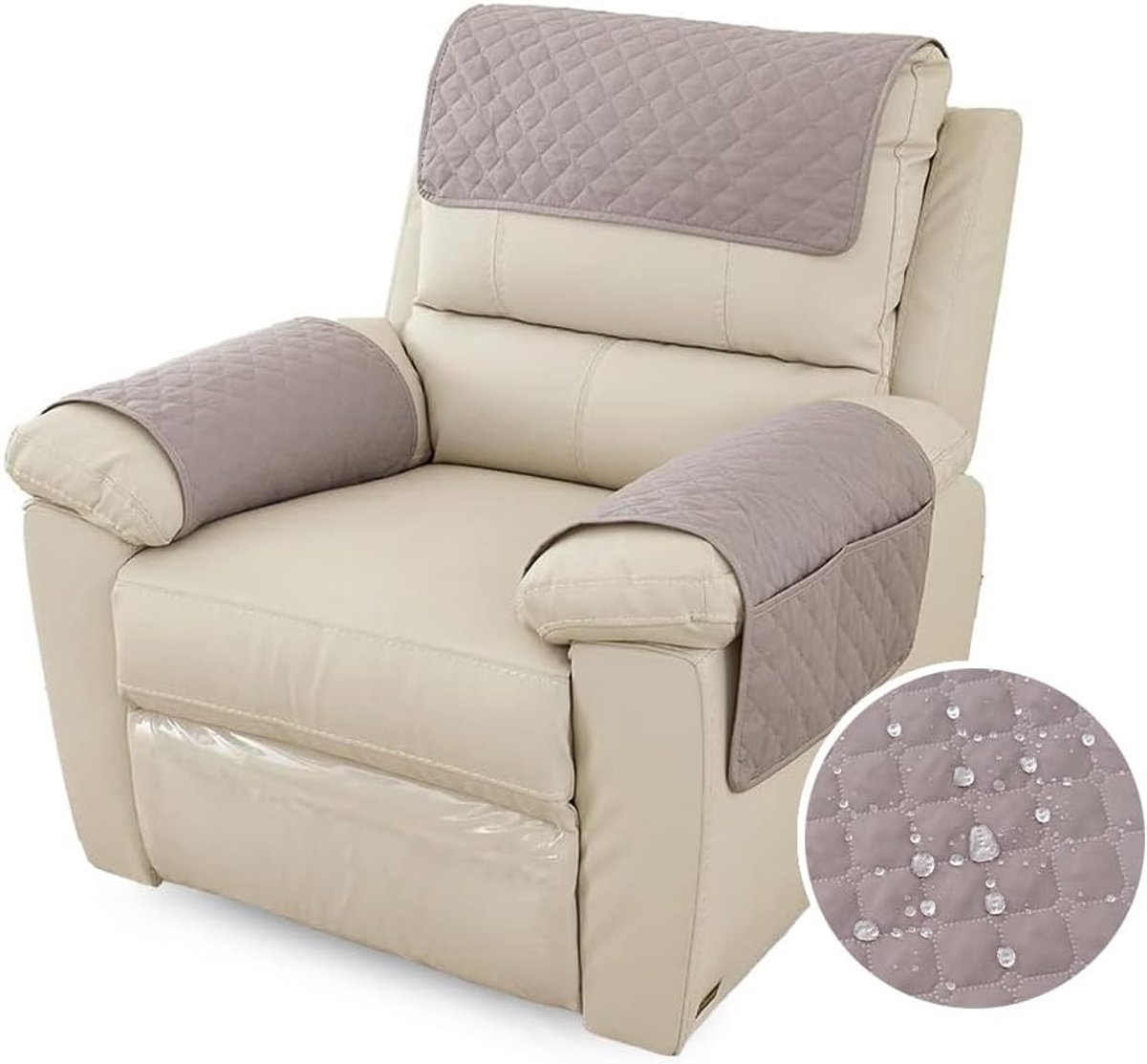 SnelShoppen - Armsteun Hoofsteun Cover Waterdicht met Zijvak, Antislip Wasbaar & Slijtbestendig Meubelbeschermer voor Huisdieren (1 Zitter, Lichtgrijs