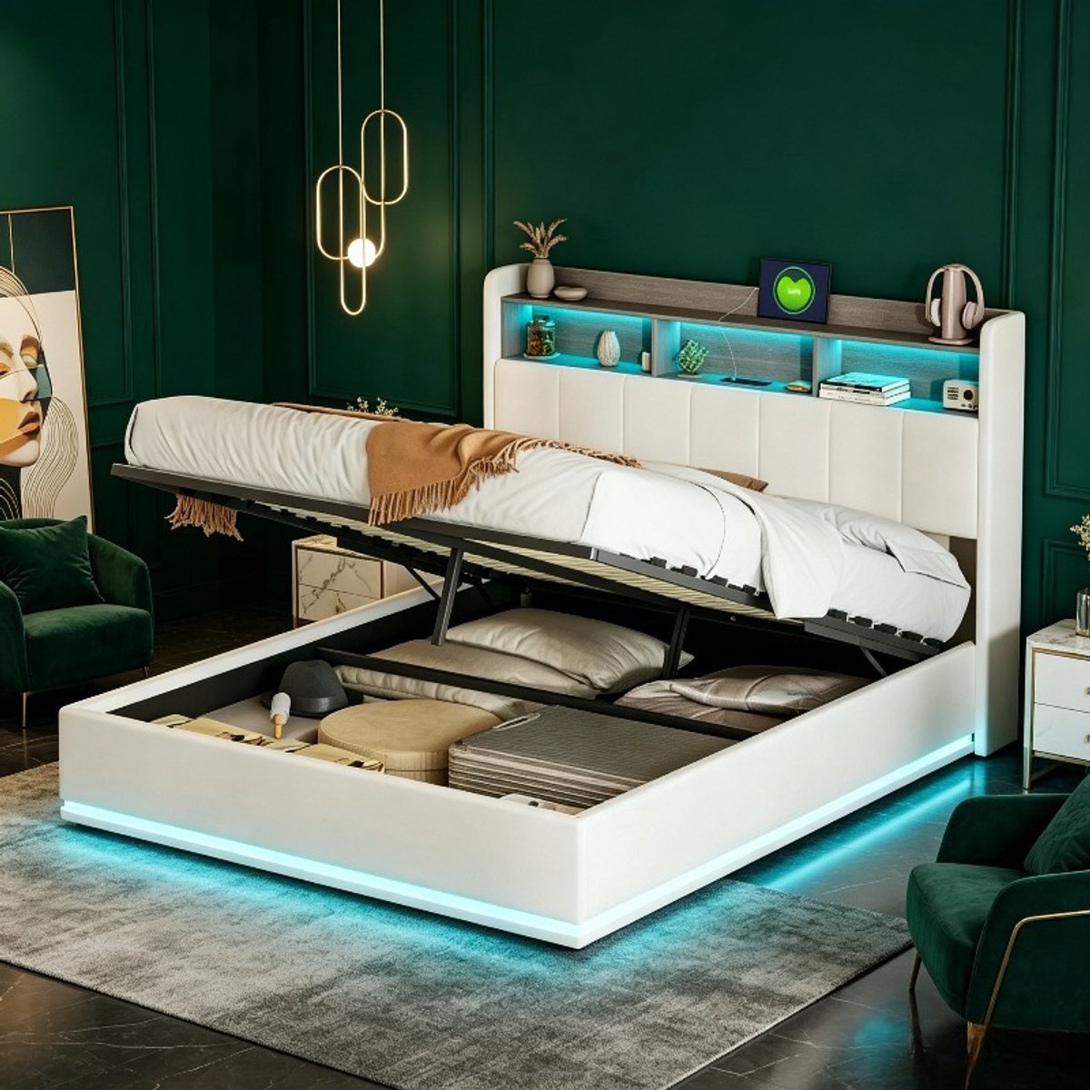 Tweepersoonsbed 160x200 cm, volwassen bed en 2 persoonsbed met led verlichting, gestoffeerd bed met hoofdbord en opbergruimte, fluwelen bed beige, zonder matras