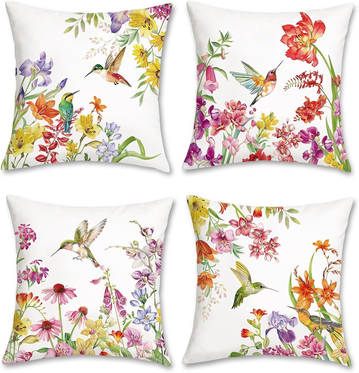 SnelShoppen - Zomerse Bloemen Vogel Kussenhoezen 45x45cm Set van 4 - Kleurrijke Bloemen en Kolibries Decoratieve Sierkussens voor Woonkamer, Tuin, en