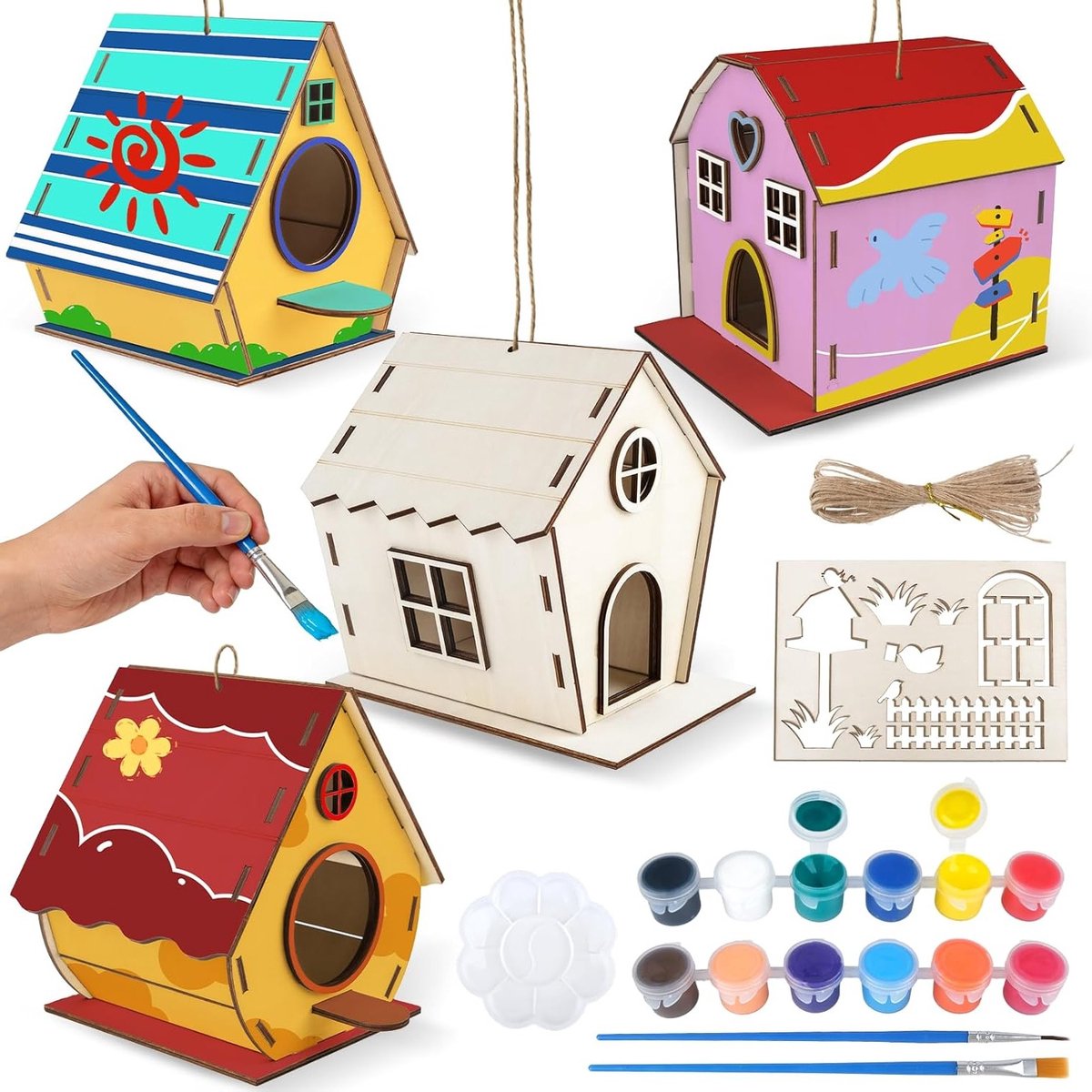 Vogelhuisje Bouwset voor Kinderen, 4-delige DIY Houten Knutselset om te Bouwen en Schilderen, Creatieve Activiteit voor Meisjes, Jongens en Peuters