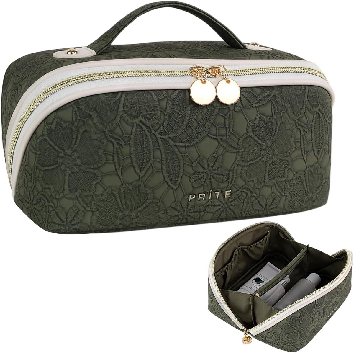 SnelShoppen - Grote Cosmetica Tas - Draagbare Toilettas - Waterdichte Make-up Tas met Transparante Scheidingswand en Handvat - Groen Bloem - M