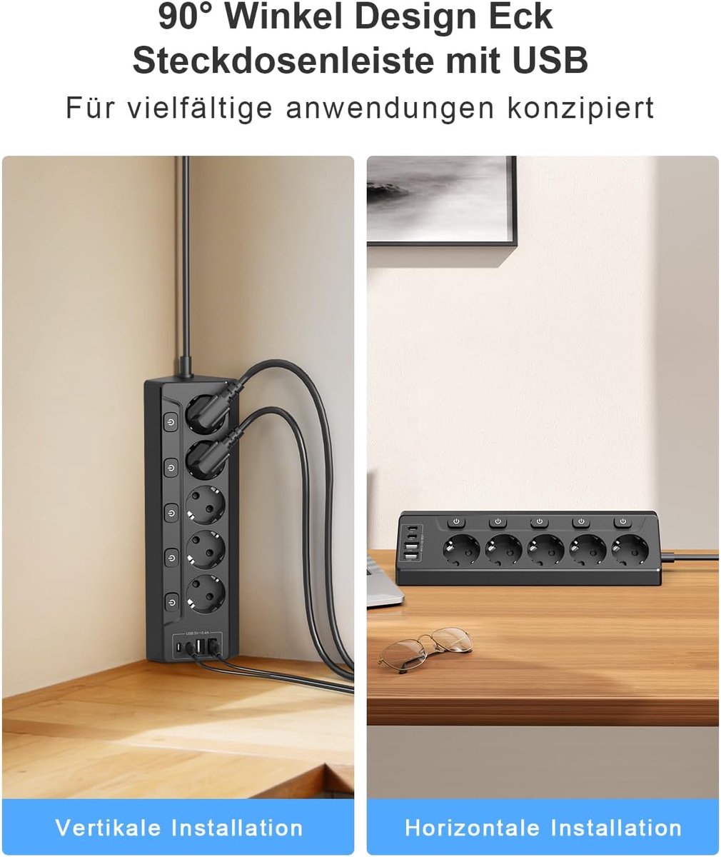 SnelShoppen - Hoekstopcontact met Schakelaar en 4 USB Poorten (2 USB C) + 5-voudig Stopcontact met Kinderbeveiliging, 3680 W, 2 m Verlengkabel voor Ke