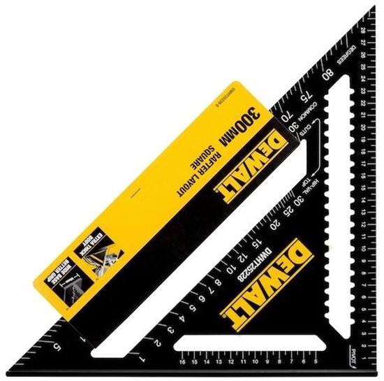 Équerre DeWalt 300mm pour tracé de chevrons avec graduations en degrés, commun et rampant/marmite.