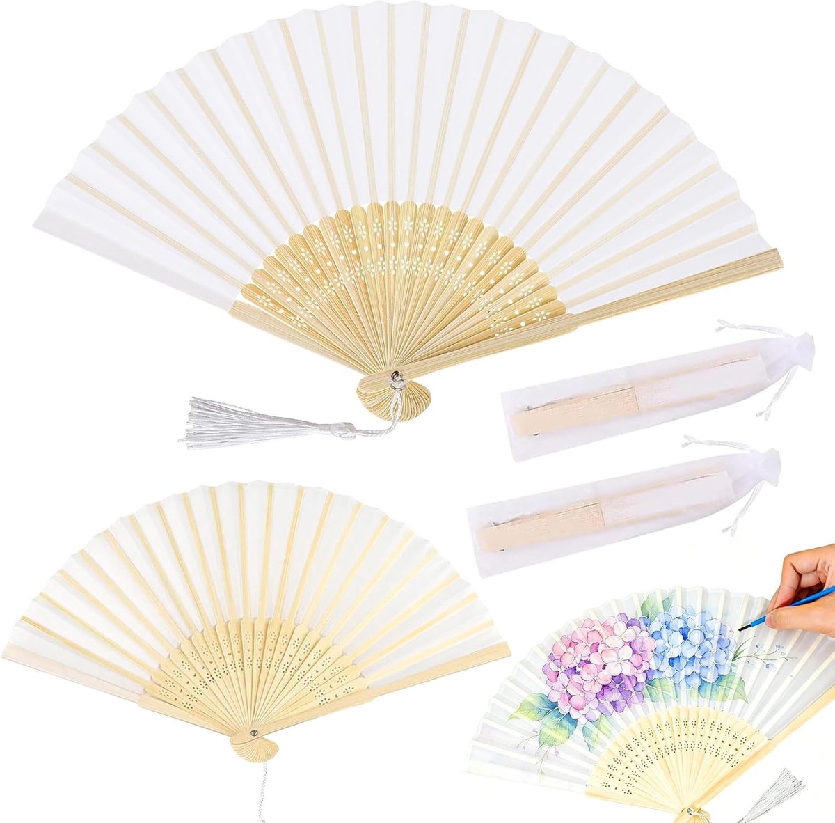 SnelShoppen - Vouwfan Set van 2 Chinese Fans - Witte Zijde & Bamboe Fringed - Elegante Handventilatoren met Organza Zak - Perfect voor Bruiloften, Fee
