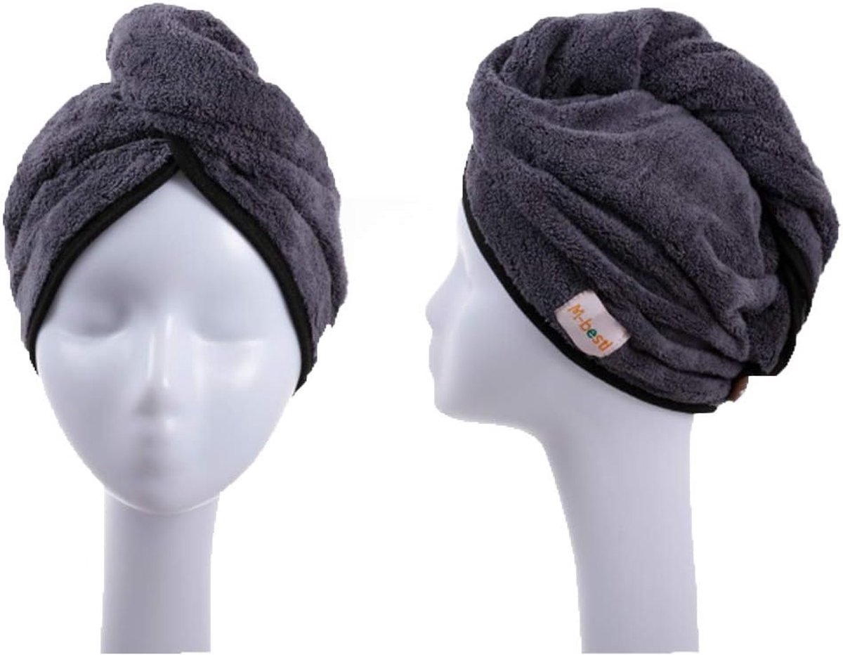 SnelShoppen - 2 Stuks Haardrogende Handdoeken, Absorberende Microfiber Haar Turban met Knopontwerp voor Snelle Droogtijd Haar (Donkergrijs en Lichtgri