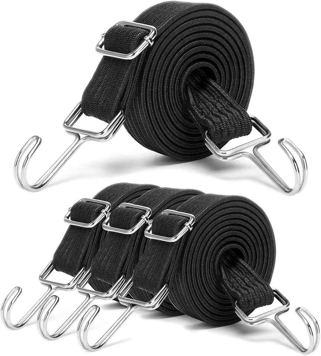 SnelShoppen - 4 Pack Brede Bagage Tensioners - Verstelbare Rubber Expander met Haken - 2m Elastische Band voor Fietsen, Motoren, Vans - Zwart