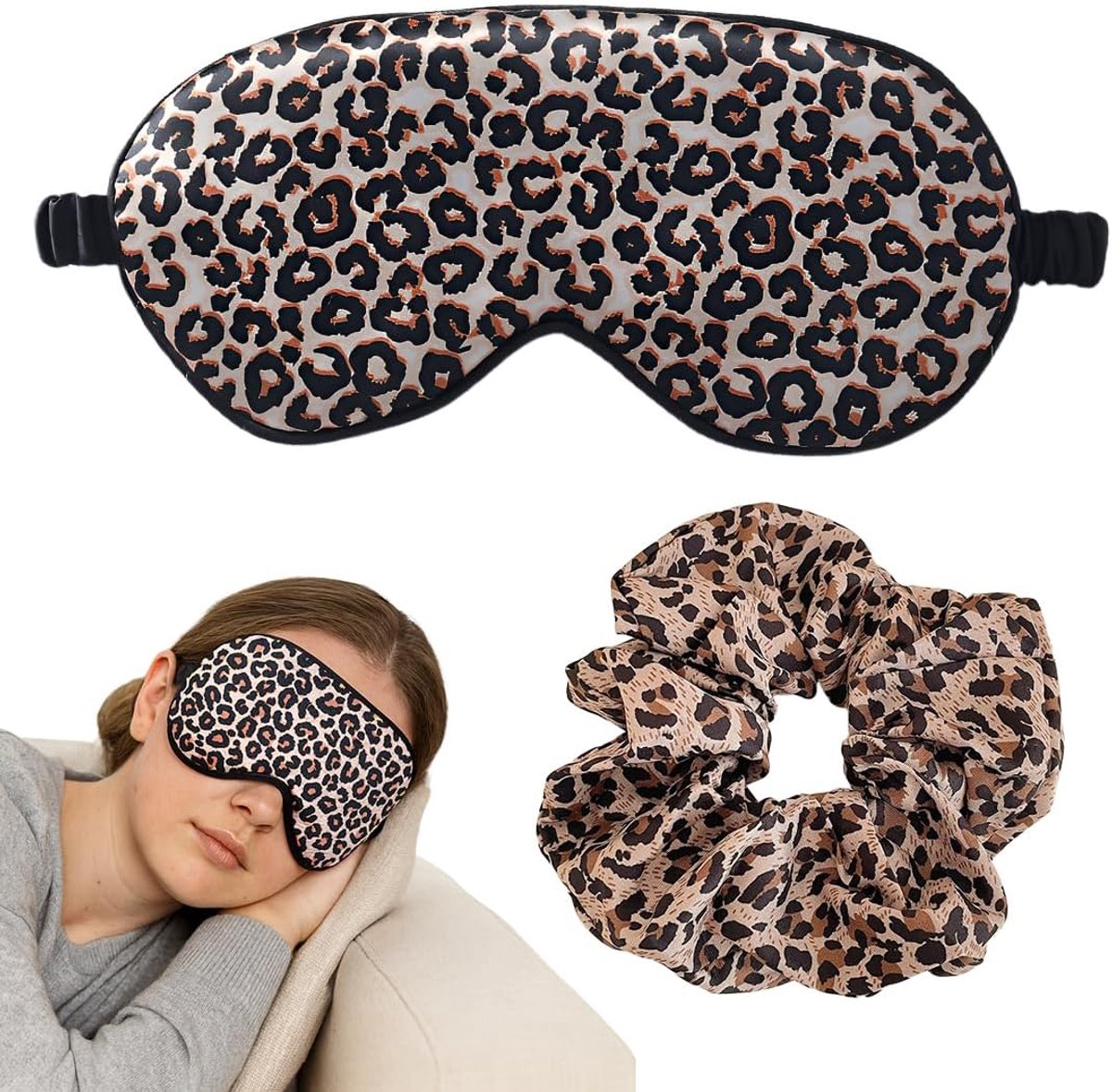 SnelShoppen - Mulberry Zijde Slaapmasker, Leopard Patroon Zijde Oogmasker voor Vrouwen met Satijnen Haarelastiek, Luxe Lichtblokkering, Perfect voor S