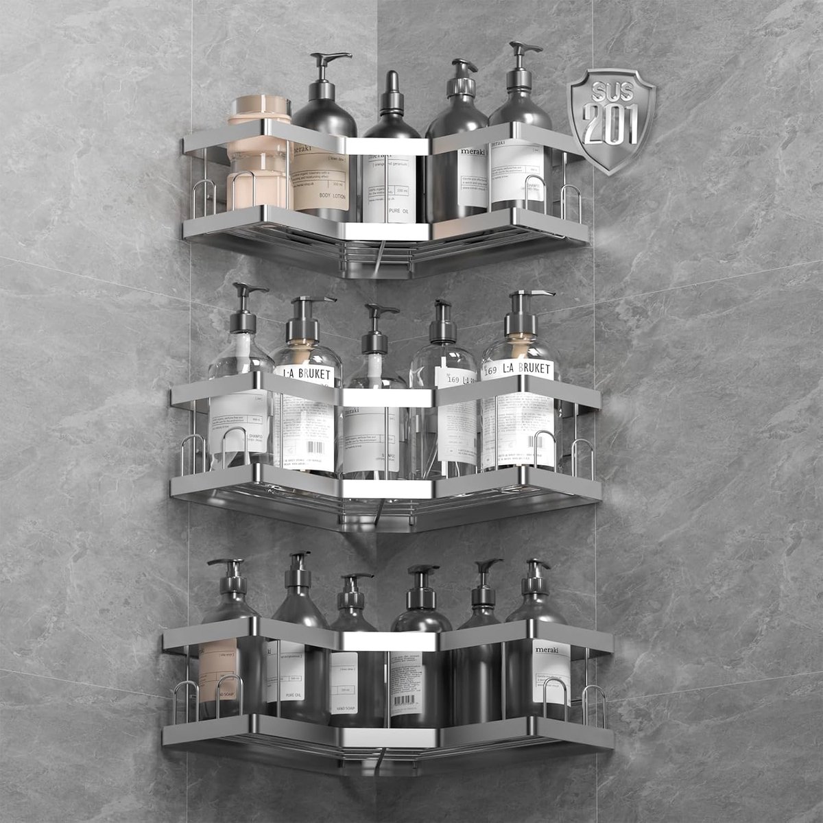 SnelShoppen - Shower Caddy 3-delig - Roestvrijstalen Badkamer Planken Hoek - Zelfklevende Douche Plank zonder Boren - Zeep Houder Organizer voor Badka