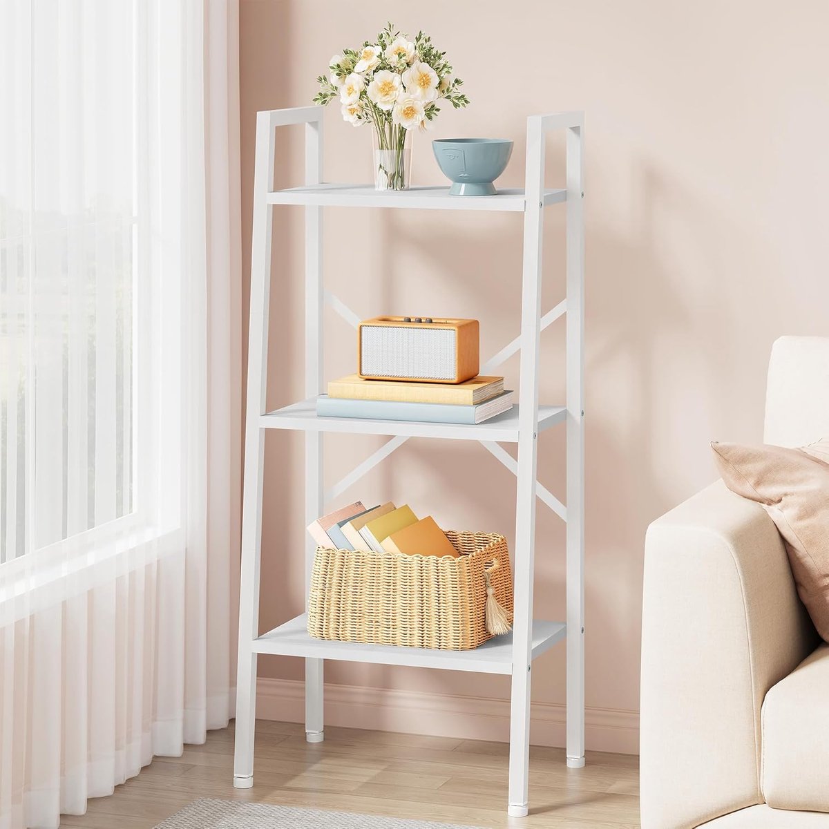 SnelShoppen - 3-Tier Ladder Boekenkast, Smalle Open Ladder Plank, Hoogstaande Boekenrek, Industrieel Design, Metaal en Hout, Wit, Voor Woonkamer, Thui