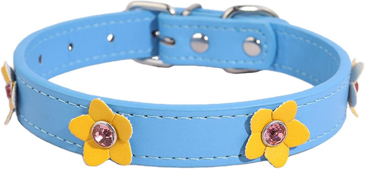 Leren Hondenhalsband voor Kleine Honden met Schattige Bloemenpatroon - Perfect voor Puppy’s en Katten, XS Maat, Blauw/Goud