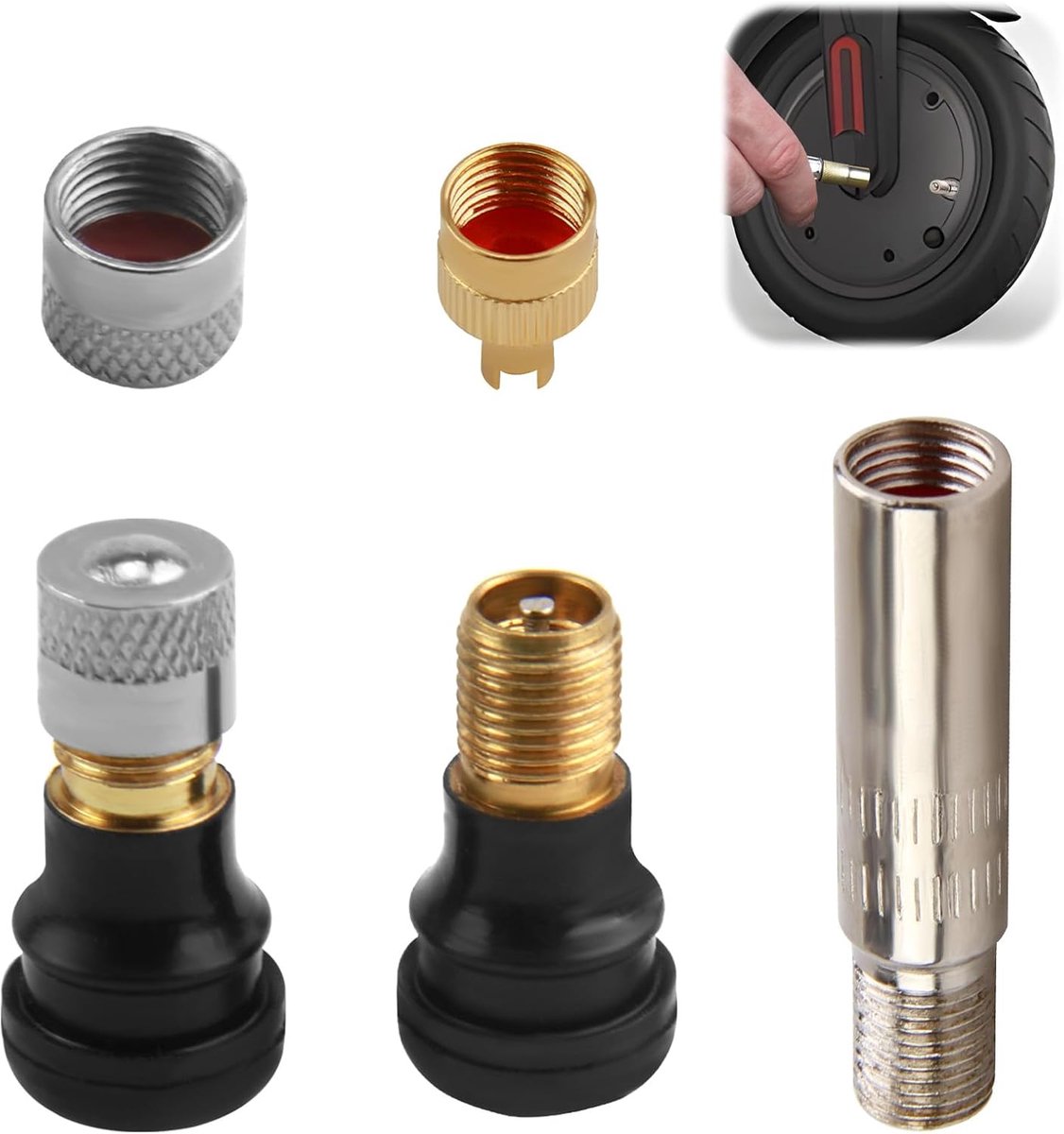 SnelShoppen - Hose Valve Cap en Valve Air Extension voor E-Scooter, Hoverboards, Tubeless Roller Tires, Hoogwaardige Koper, 24 mm, 26 mm, Optimaal Luc