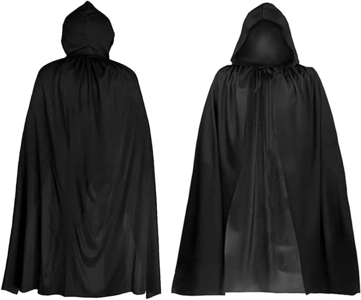 Zwarte Cape met Kap voor Halloween, Perfect voor Heks Kostuum met Tatoeages en Cosplay Accessoires voor Volwassenen en Kinderen