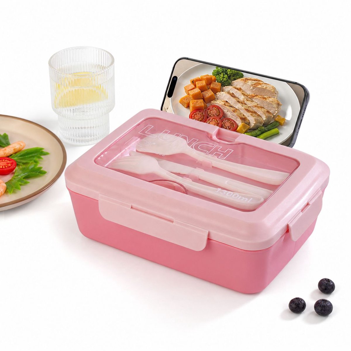 VHV-Bento Lunchbox 1300ml met 3 Vakken - Broodtrommel met Telefoonhouder - Magnetronbestendige Maaltijdcontainer - BPA-vrij - Lekvrij en Duurzaam