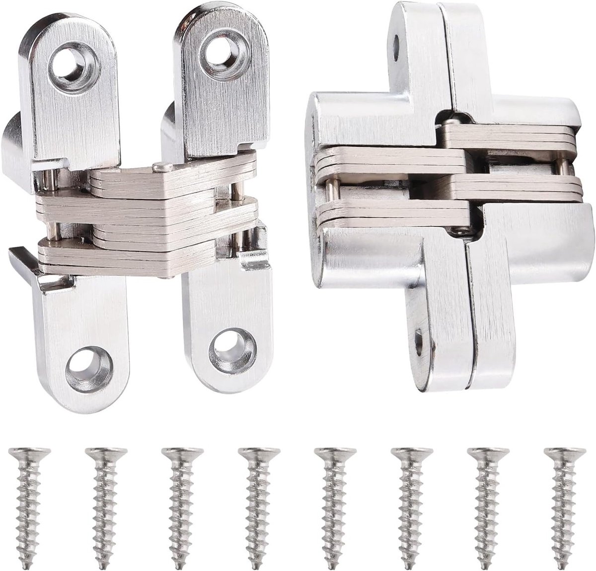 2 Stuks 68.5mm Onzichtbare Kruis Scharnieren, 180° Zinklegering Verborgen Scharnier voor Vouwdeuren, Inclusief 8 Schroeven voor Meubelhardware, Zilverkleurig
