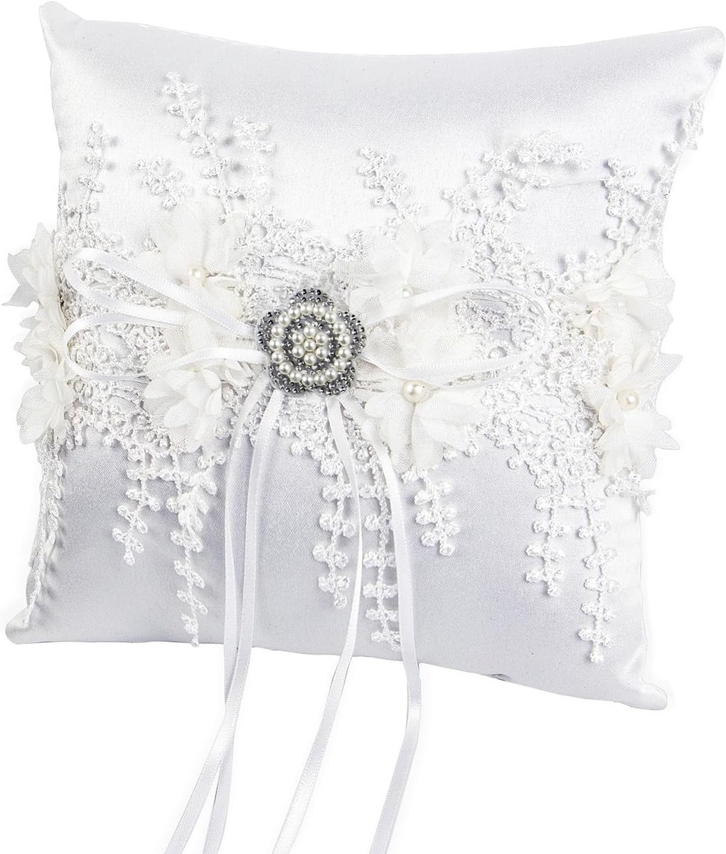Vintage Ringkussen voor Bruiloft - Witte Ringhouder met Strik en Kunstparels, 18 x 18 cm, Perfect voor Verlovingsaccessoires en Ceremonies