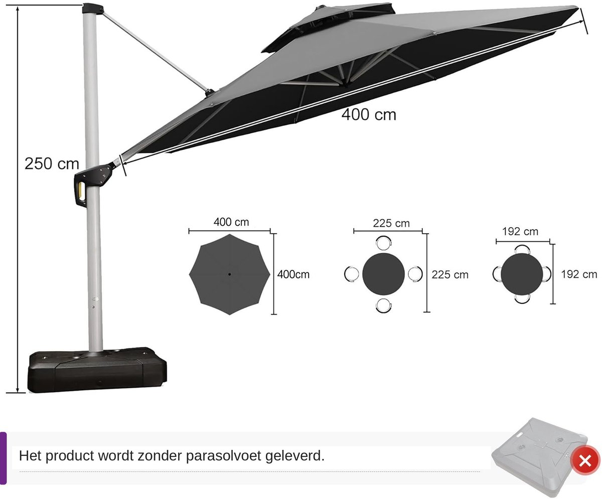 Purple Leaf Parasol rond déporté double toit Ø400 cm - Gris