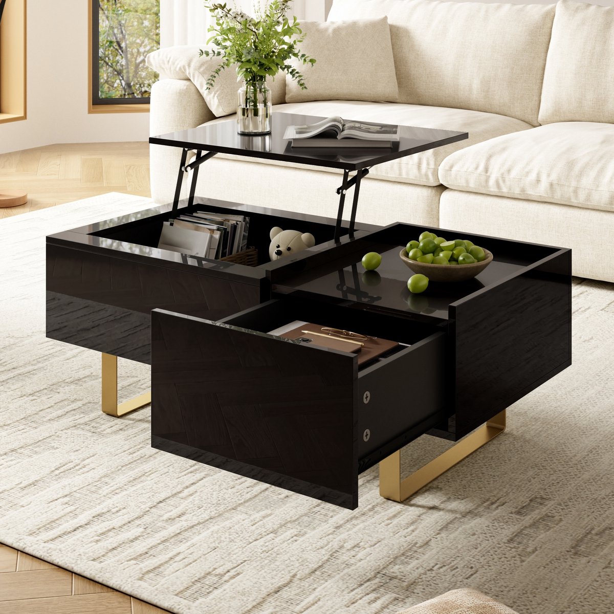 PHOEBE CAT Hoogglans Salontafel - In hoogte verstelbaar tafelblad - MDF - Opbergruimte - Met lade - Metalen poten - Zwart