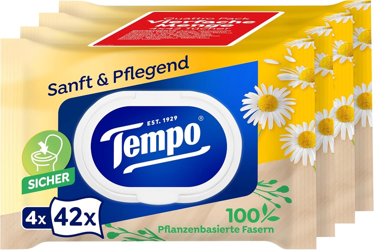 SnelShoppen - Tempo Wet Toiletdoekjes Soft & Caring 4 x 42 Doekjes - Verfrissend, Zacht, Met Kamille, Dermatologisch Getest, Geschikt Voor Kinderen, C