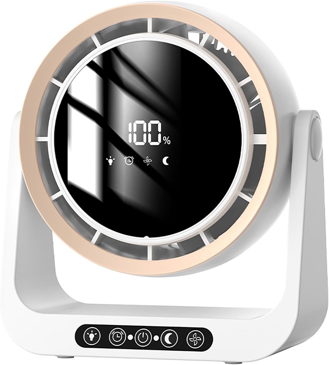 Draagbare bureauventilator – Tafelventilator – Met led-display – Werkt op batterijen – Krachtige luchtstroom met 5 snelheden – Stil – 90° kantelbaar – Wandmontage mogelijk – Geschikt voor thuis, kantoor en gebruik binnen/buiten – Wit