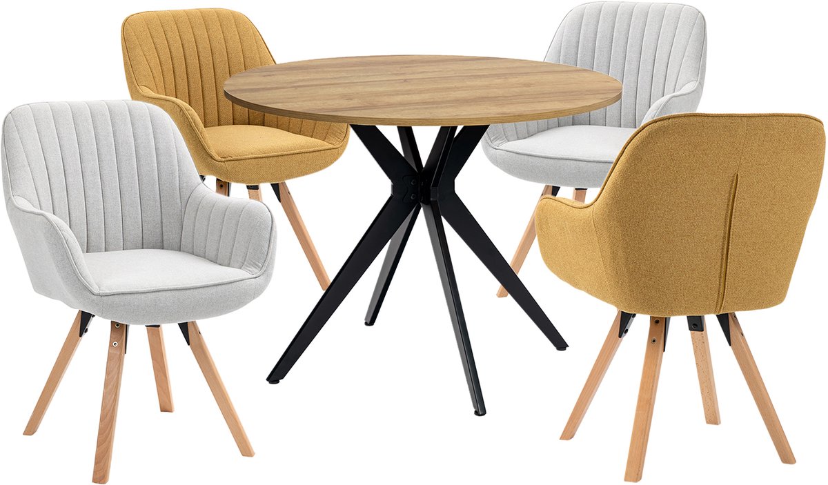 Eethoek - Ronde Eikenlook Tafel En 4 Houten Draaistoelen - Beige/Geel