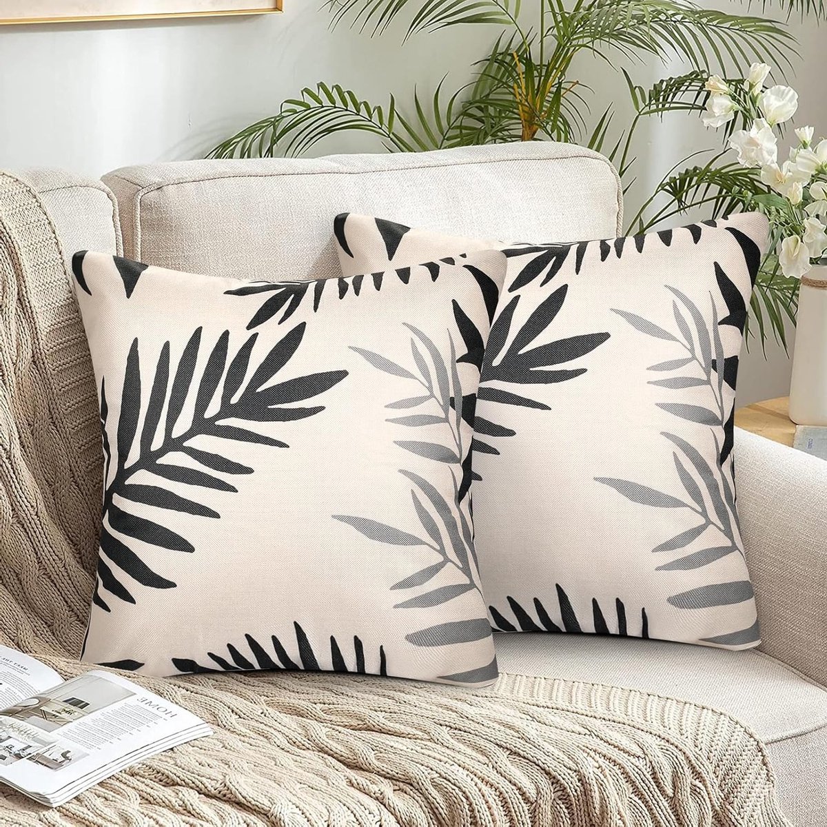 40 x 40 cm Polyester Kussenhoes met Zwart-Grijze Bladerenpatroon voor Sofa, Auto, Tuin en Patio - Set van 2 Kussens voor Binnen en Buiten