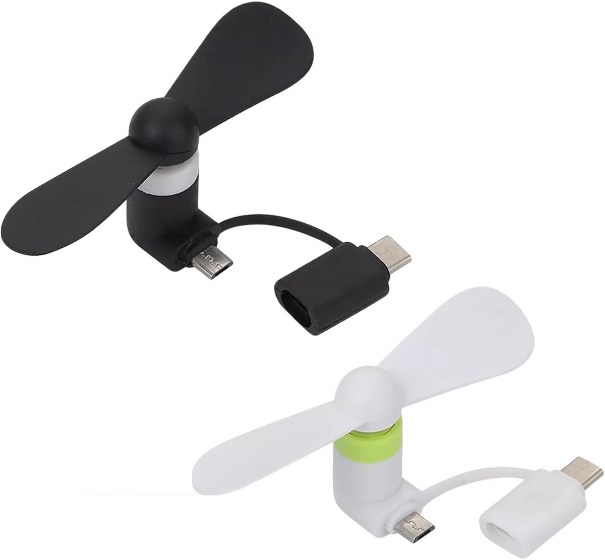 SnelShoppen - Mini Mobiele Telefoon Ventilator, 2 Stuks Draagbare USB Fan, Stille 2-in-1 Koeler, Rotating Fan voor Android Telefoons, Zwart en Wit, Pe
