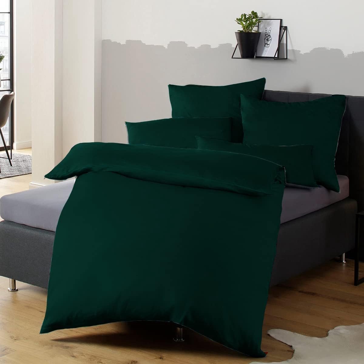 SnelShoppen - Bedlinnen Set 140 x 200 cm Donkergroen Microfiber, Non-Iron, Kreukvrij, 1 Dekbedovertrek en 1 Kussensloop 80 x 80 cm met Rits