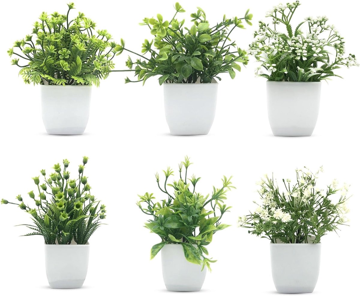 SnelShoppen - Pack van 6 Kleine Kunstplanten met Pot - Decoratie voor Thuis, Kantoor, Slaapkamer, Woonkamer, Badkamer - Realistische Kunstplanten in D
