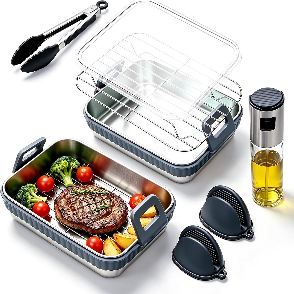 SnelShoppen Airfryer Ovenschaal Roestvrij Staal 304 6 Stuks Airfryer Accessoires Compatibel met Ninja AF400EU AF451EU AF500EU DZ400EU Keuken M