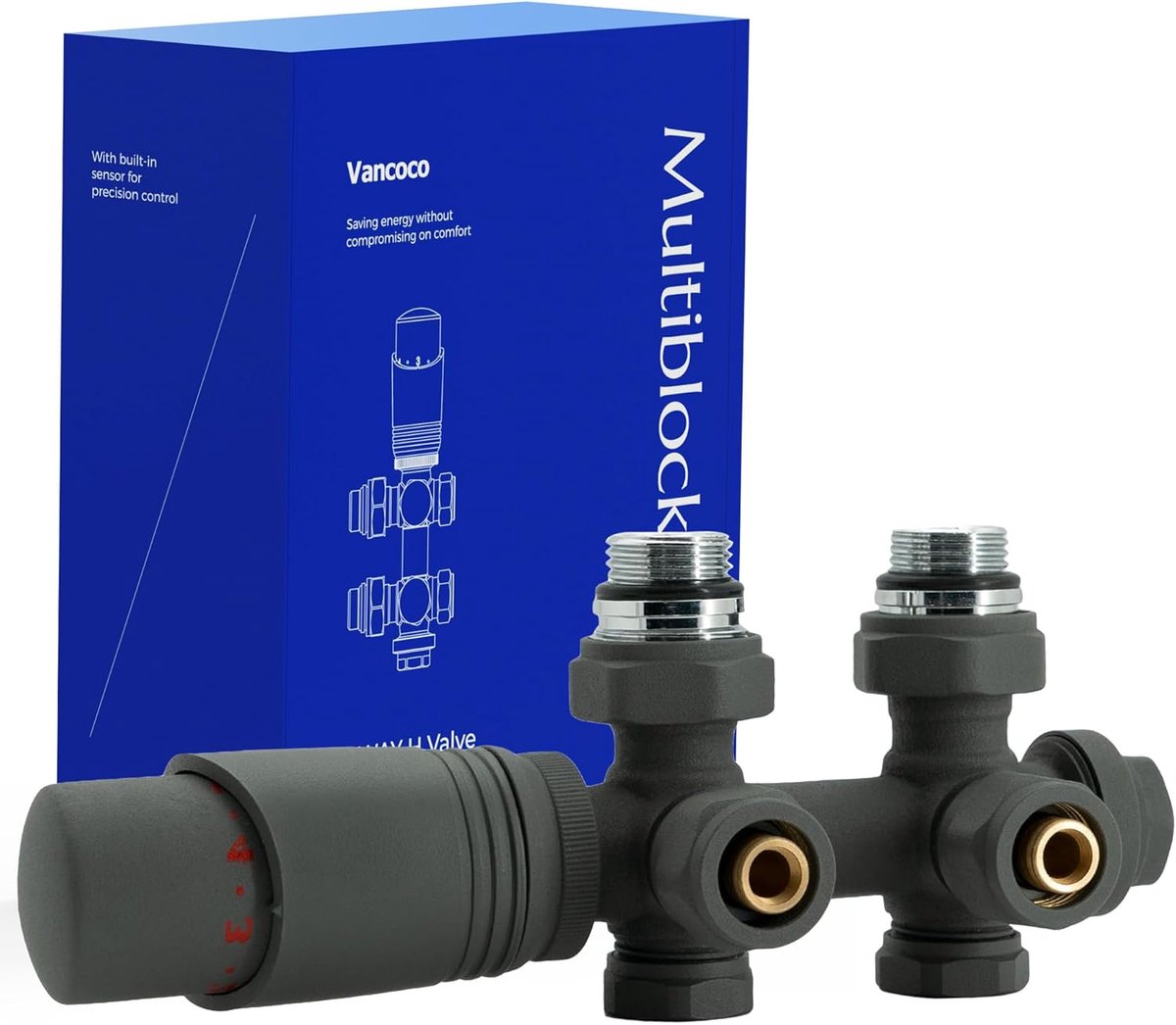 SnelShoppen - Radiator Tap Block Set met Thermostaat, 50mm Hub Spacing, Universele Valve Fixtures voor Radiatoren en Badkamer, Euroconus, Antraciet Gr