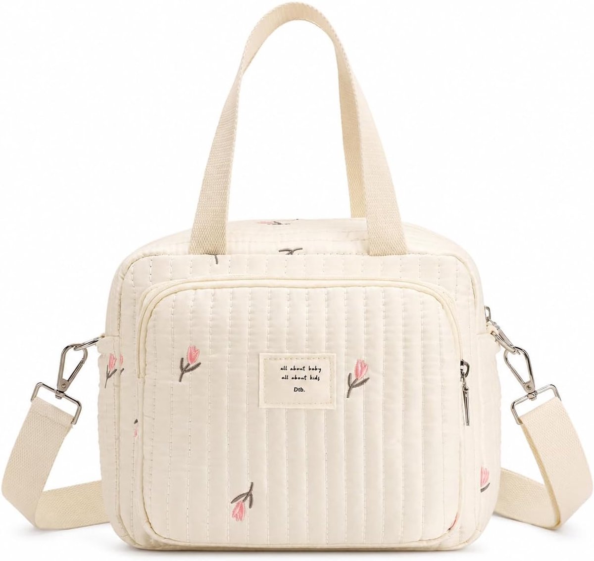 SnelShoppen - Luierzak Mama-tas met Bloemen, Gestikte Tas met Geborduurde Motieven, Handgrepen, Afneembare Verstelbare Schouderriem, Crème met Roze Ac
