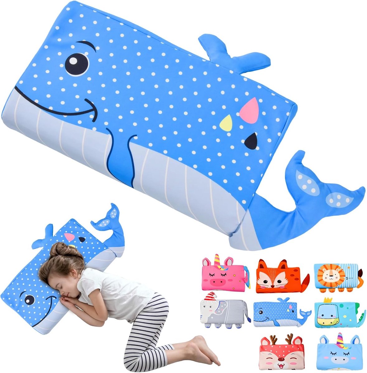 SnelShoppen - Kids Memory Foam Kussen - Baby Kussen met Hoofdkussenhoes - Hypoallergene Anti-Mijt Kussen voor Kinderen 3-10 Jaar - Balena Blauw 45x27x