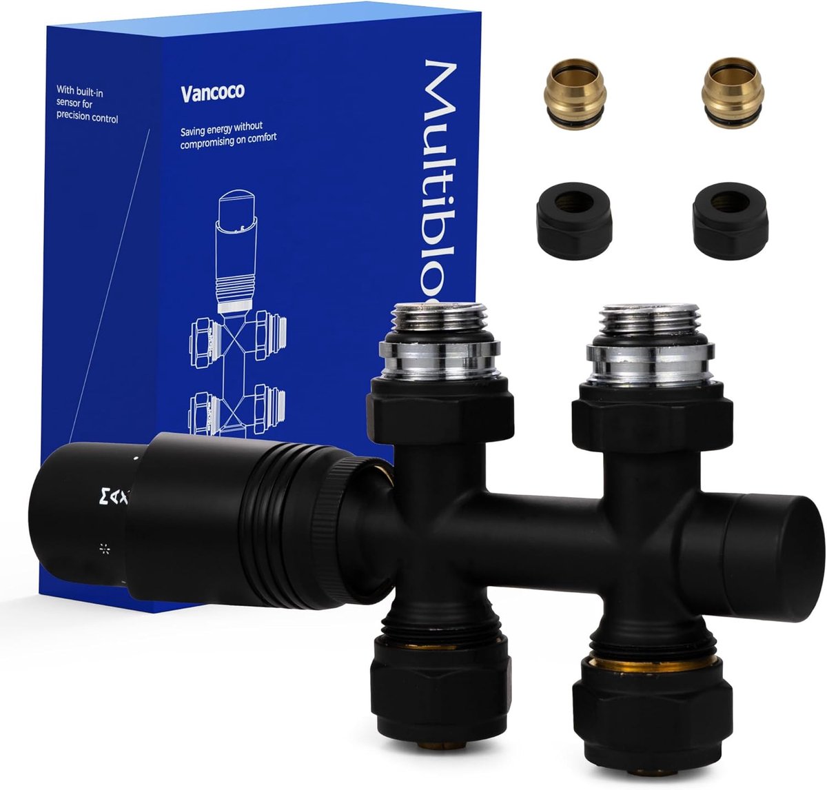 Thijox - VANCOCO Multiblok met Thermostaat voor Radiatoren, 50 mm Naafafstand, Kraanblok, Ventielarmaturen, Set in Doorgangsvorm, Euroconus voor Kunst
