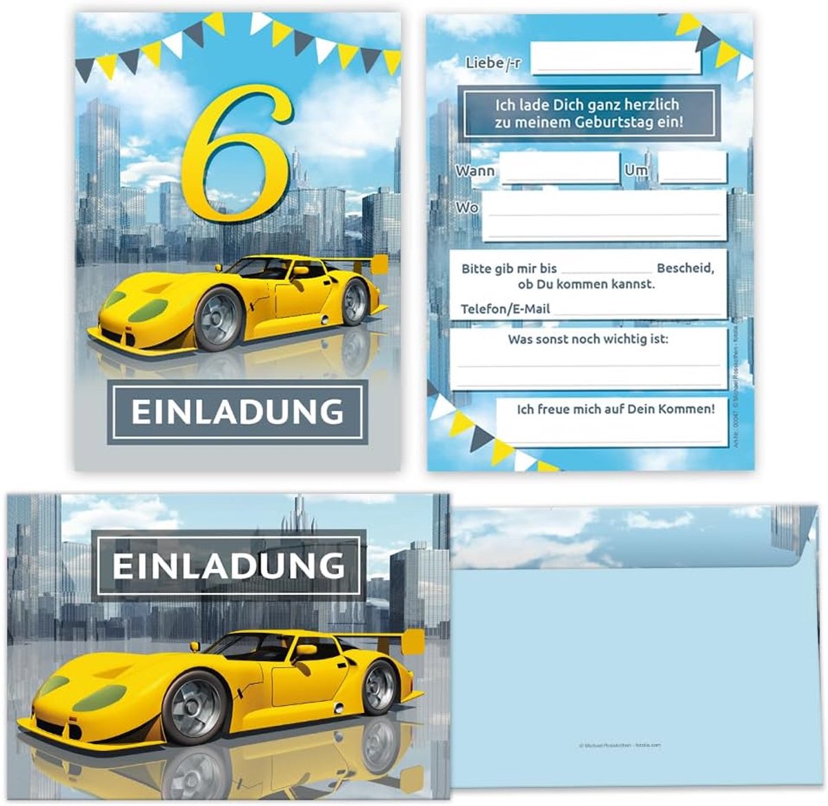 SnelShoppen - 8 Uitnodigingskaarten voor Kinderverjaardag Jongen - Raceauto Thema - Inclusief 8 Enveloppen - A6 Formaat - 300 g/m2 - Zesde Verjaardag